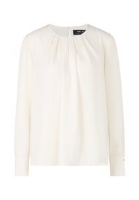 Cremefarbene Bluse mit langen Ärmeln, rundem Ausschnitt, plissierter Vorderseite und geknöpften Manschetten. Glatter Stoff mit dezentem Glanz und Verschluss an der Rückseite.