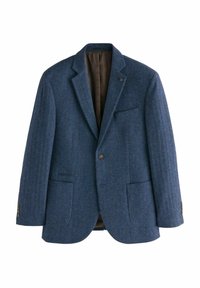 Blauer Fischgrätenblazer aus strukturiertem Wollstoff, mit einer Knopfleiste, Reverskragen, zwei vorderen Taschen und einem braunen Innenfutter.