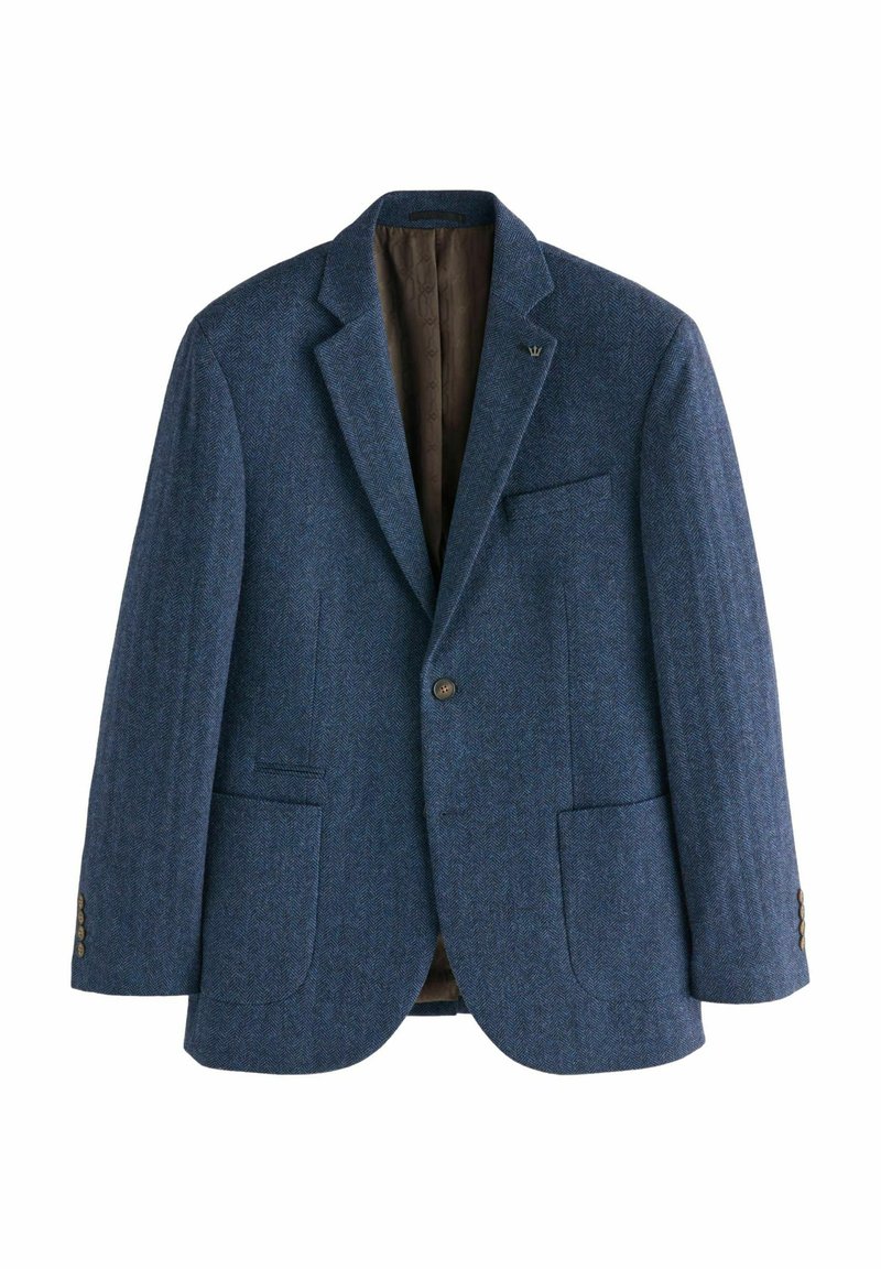 Blauer Fischgrätenblazer aus strukturiertem Wollstoff, mit einer Knopfleiste, Reverskragen, zwei vorderen Taschen und einem braunen Innenfutter.