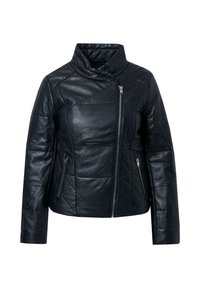 Giacca in pelle nera con colletto alto, chiusura con zip asimmetrica e pannelli trapuntati. Due tasche laterali con zip. Texture liscia.