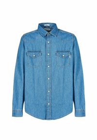 Camicia in denim blu con chiusura a bottoni, design con yoke a punta, due tasche sul petto e maniche lunghe con polsini abbottonati.
