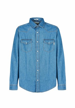 Camicia in denim blu con chiusura a bottoni, design con yoke a punta, due tasche sul petto e maniche lunghe con polsini abbottonati.