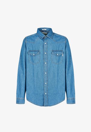 Camicia in denim blu con chiusura a bottoni, design con yoke a punta, due tasche sul petto e maniche lunghe con polsini abbottonati.