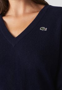 Navy V-neck sweater made of soft material, featuring a small embroidered crocodile logo on the left side of the chest.