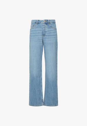 Jasnoniebieskie dżinsy o szerokich nogawkach z przodem zapinanym na guziki i kieszeniami, prezentowane na białym tle.