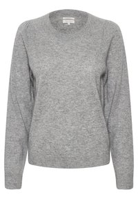 Pull en cachemire gris clair à manches longues avec encolure ronde et poignets côtelés, présentant des fronces légères aux épaules pour un effet légèrement bouffant.