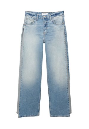 Light blue wide-leg jeans, made of denim, featuring a faded wash, five-pocket design, and subtle stitching details along the seams.