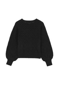 Maglione nero a maglia con un motivo a diamante testurizzato, scollatura rotonda e ampie maniche a palloncino. Tessuto morbido e polsini a coste.
