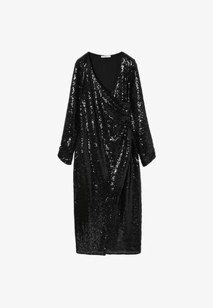 Crna haljina sa šljokicama, dugih rukava, V-izrezom i drapiranim dizajnom. Ima uski struk i lepršavi kroj.