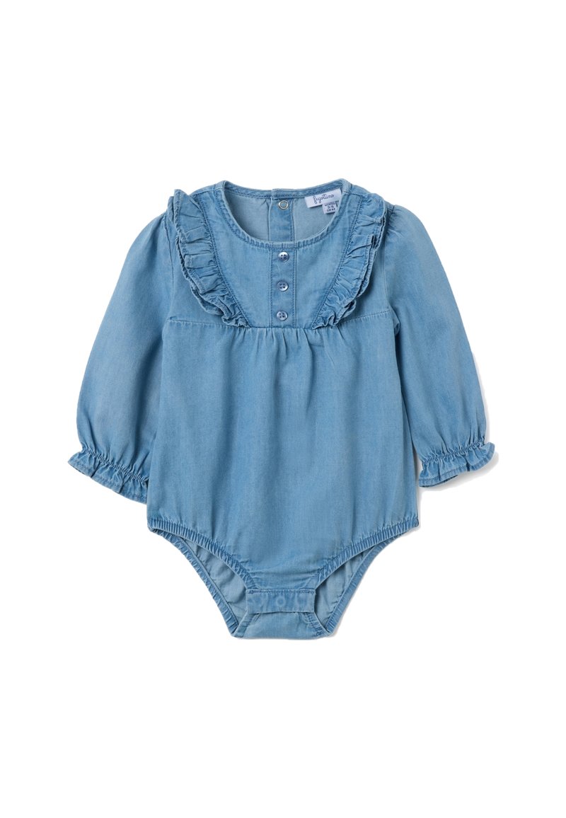 Body in denim bluastro con maniche lunghe, colletto arricciato e chiusura con bottoni. Presenta polsini elasticizzati e un design con vita arricciata.