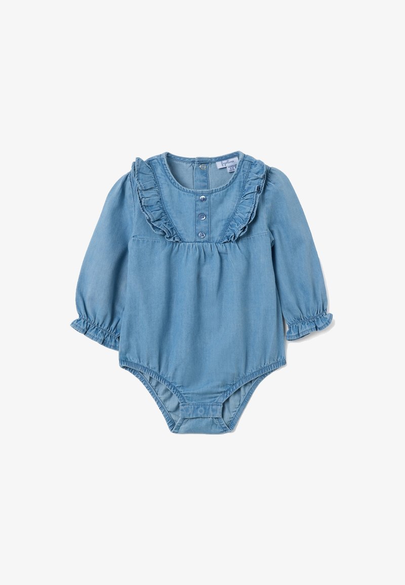 Body in denim bluastro con maniche lunghe, colletto arricciato e chiusura con bottoni. Presenta polsini elasticizzati e un design con vita arricciata.