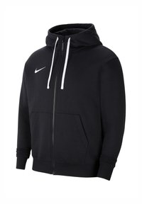 Felpa nera con zip realizzata in cotone. Presenta un cappuccio con cordini bianchi, polsini a coste, tasche a marsupio frontali e un piccolo logo bianco sul petto.