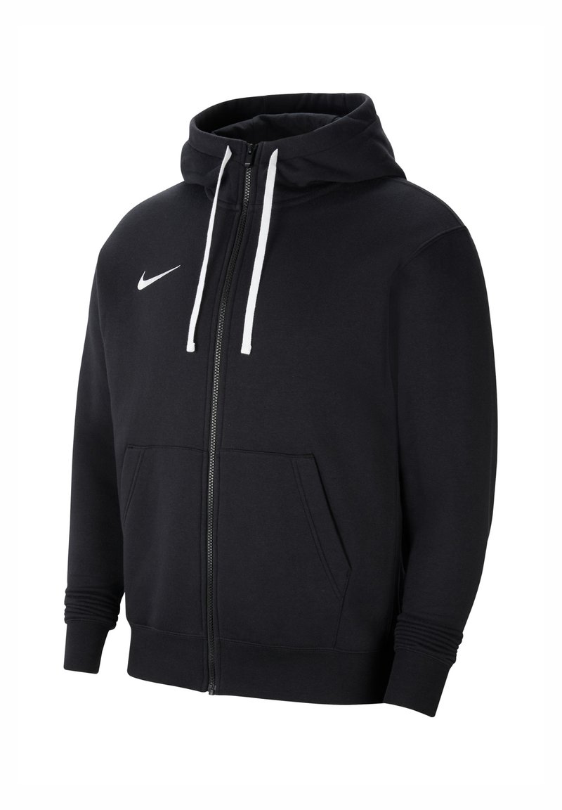 Felpa nera con zip realizzata in cotone. Presenta un cappuccio con cordini bianchi, polsini a coste, tasche a marsupio frontali e un piccolo logo bianco sul petto.