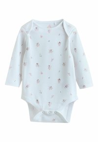 Hvid langærmet body lavet af blød bomuld, med et blomstermønster med lyserøde accenter og trykknapper i bunden.