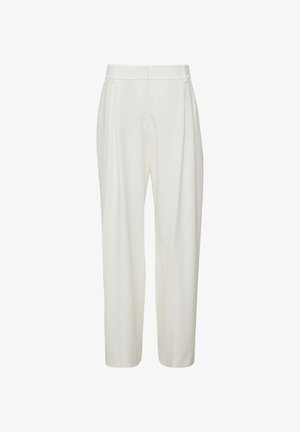 Weiße, hochgeschnittene Hose aus glattem Stoff mit Falten vorne und schmal zulaufendem Saum, entworfen für eine lockere Passform.