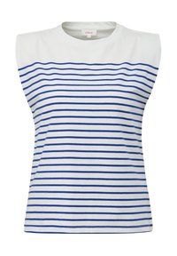 Chemise sans manches blanche avec des rayures horizontales bleues et des épaules rembourrées, encolure ronde, et étiquette de marque s.Oliver à l'intérieur du col.