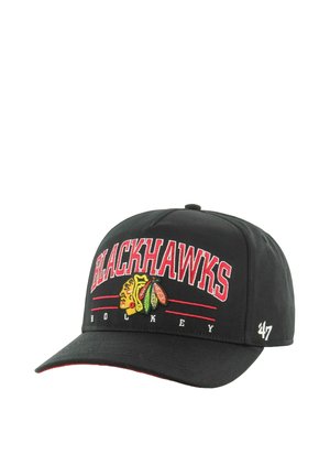 Black cap with a curved brim, featuring "BLACKHAWKS" in red embroidery and a multi-colored logo. Includes red stitching accents.