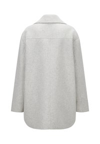 Grau melierter Wollmischmantel mit lässiger Passform, breitem Kragen und überschnittenen Schultern. Verfügt über eine glatte, strukturierte Oberfläche und einen abgerundeten Saum.