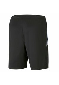 Czarne spodenki sportowe z gładkiego materiału, z białym panelem bocznym i elastycznym paskiem w talii. Prosty, funkcjonalny design.