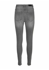 Jeans skinny de denim gris con cintura alta, con bolsillos traseros y una textura suave, diseñados para un ajuste ceñido.