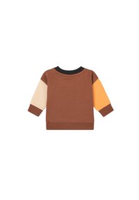 Brązowy sweatshirt z długimi rękawami; w kolorach beżu, pomarańczy i czerni. Posiada okrągły dekolt i ściągacze przy rękawach. Miękka tkanina.