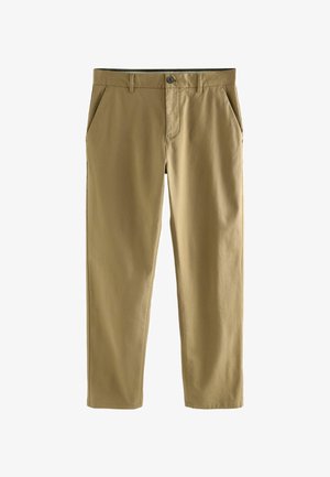 Khaki chinos vyrobené z bavlneného zmesového materiálu, s gombíkovým zapínaním, dvoma prednými vreckami a strihom rovného nohavice. Hladká, ľahká textúra.