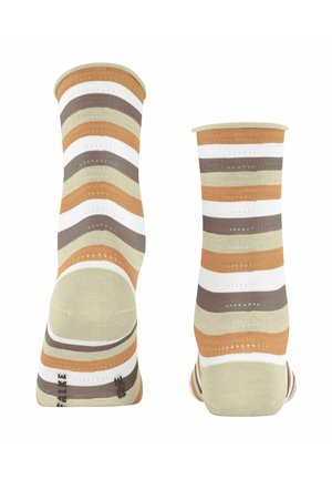 Gestreifte Socken mit wechselnden Farben von Beige, Weiß, Braun und Orange. Hergestellt aus dehnbarem Stoff mit einer weichen Textur und geripptem oberen Teil.