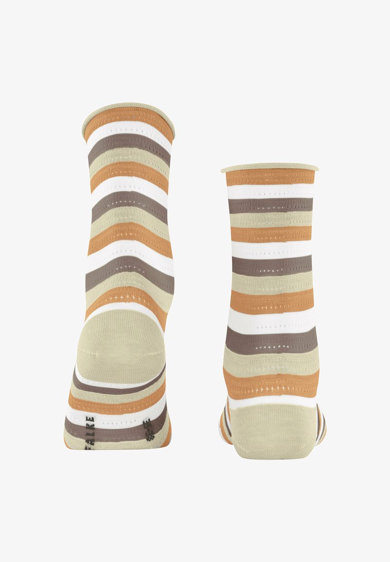 Chaussettes rayées avec des couleurs alternées de beige, blanc, marron et orange. Fabriquées en tissu extensible avec une texture douce et un haut côtelé.