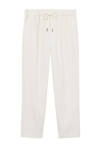 Białe, lekkie spodnie z elastycznym paskiem i sznurkiem. Posiadają dwie boczne kieszenie oraz prostą nogawkę dla wygodnego dopasowania.