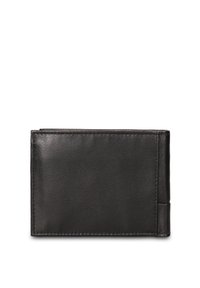 Portafoglio in pelle nera dalla texture liscia, design a due ante e cuciture visibili. Presenta scomparti per carte all’interno. Forma compatta.