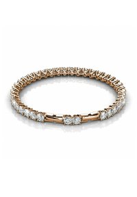 Bracciale in oro rosa con un design alternato di pietre trasparenti rotonde e link decorativi, che creano un aspetto liscio e texture.