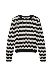 Häkelpullover mit einem schwarz-weißen Zickzackmuster, langen Ärmeln, rundem Ausschnitt und einem strukturierten, offenen Strickdesign.