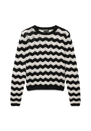 Pull en crochet avec un motif zigzag noir et blanc, manches longues, col rond et un design en tricot ouvert et texturé.
