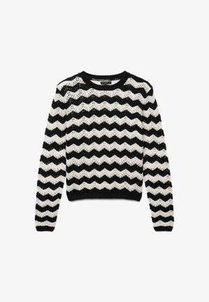 Crochet sweater featuring a black and white zigzag pattern, long sleeves, round neckline, and a textured, open-knit design.