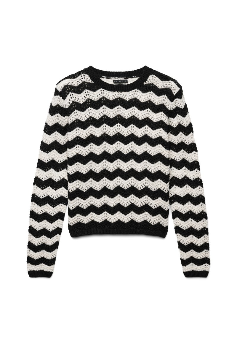 Häkelpullover mit einem schwarz-weißen Zickzackmuster, langen Ärmeln, rundem Ausschnitt und einem strukturierten, offenen Strickdesign.