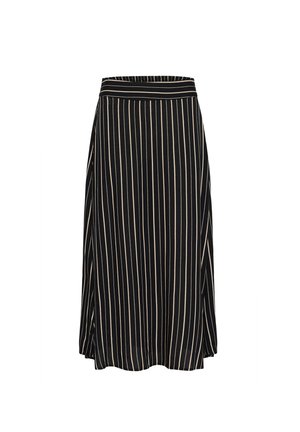 Falda negra con rayas verticales beige. Cintura elástica, diseño fluido, hasta la rodilla, textura suave y tiene un ligero drapeado.