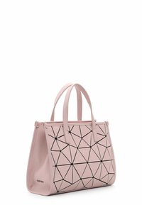 Rosa Handtasche aus synthetischem Material mit geometrischem Muster und schwarzen Akzenten, strukturierte Form, doppelte Griffe und ein Reißverschlussverschluss an der Oberseite.