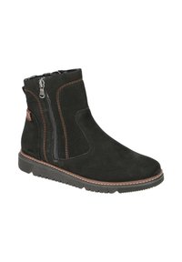 Schwarze Wildleder-Stiefeletten mit seitlichen Reißverschlüssen, kontrastierenden orangefarbenen Nähten und strukturierten Details. Gummisohle mit Profilmuster.