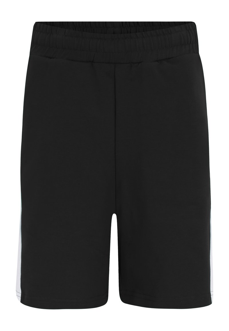 Pantaloni corti neri realizzati in un tessuto liscio, con una vita elasticizzata e dettagli laterali bianchi. Il design è semplice, senza ulteriori motivi.