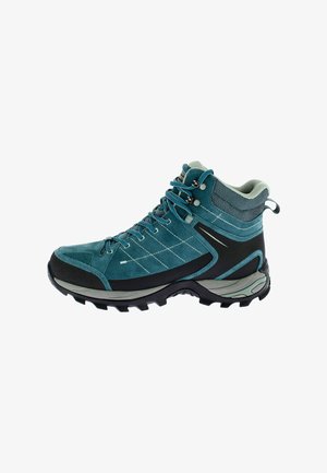 Bota de trekking alta en verde azulado y negro con suela texturizada, cordones delanteros, collar acolchado y ojales con gancho para soporte del tobillo.