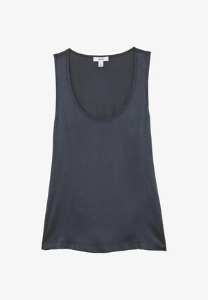 Varrukateta tumehall tankitopp, mis on valmistatud siledast kangast, ümara kaelusega ja lõdva lõikega, millel on sirge äärega alumine serv.