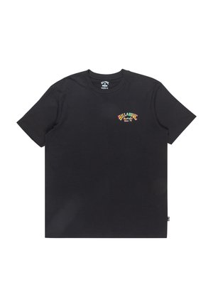 Schwarzes Baumwoll-T-Shirt mit einem bunten "Billabong"-Logo in Bogen-Design, Rundhalsausschnitt und kurzen Ärmeln.