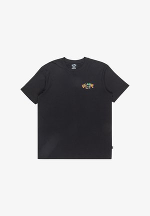 Zwarte katoenen T-shirt met een kleurrijk "Billabong" logo in boogontwerp, ronde halslijn en korte mouwen.