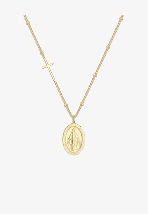 Ogrlica zlatne boje s ovalnim privjeskom na kojem je u reljefu prikazan motiv te malim naglaskom križa. Teksturlana lanac s kuglastim perlama.