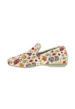 Chausson floral en blanc avec des motifs de feuilles multicolores. Tige en tissu doux, design à enfiler, bout rond et semelle en caoutchouc flexible.