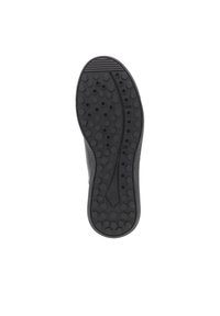 Semelle de chaussure noire avec un motif de grip texturé, comportant des indentations hexagonales arrondies et une légère courbure au niveau des orteils pour un confort accru.