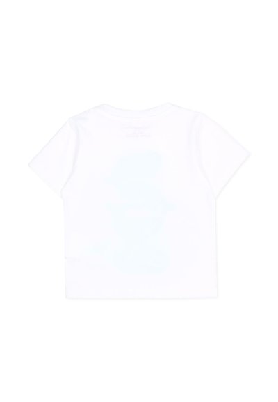 Maglietta bianca a maniche corte per bambino con una grafica tenue di Snoopy stampata sul retro.