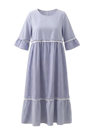 Abito midi a righe verticali blu e bianche, maniche a metà, scollo rotondo, gonna a balze e dettagli in pizzo su maniche, vita e orlo.