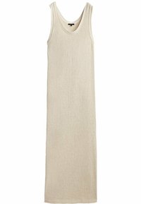 Robe en tricot beige sans manches, longueur cheville, avec un décolleté rond et un tissu texturé, conçue pour un ajustement décontracté.