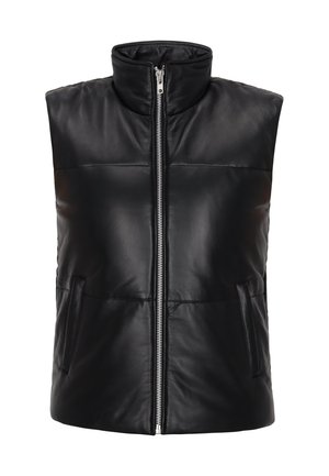 Zwarte mouwloze leren bodywarmer met hoge kraag en voorrits, met twee zijzakken.